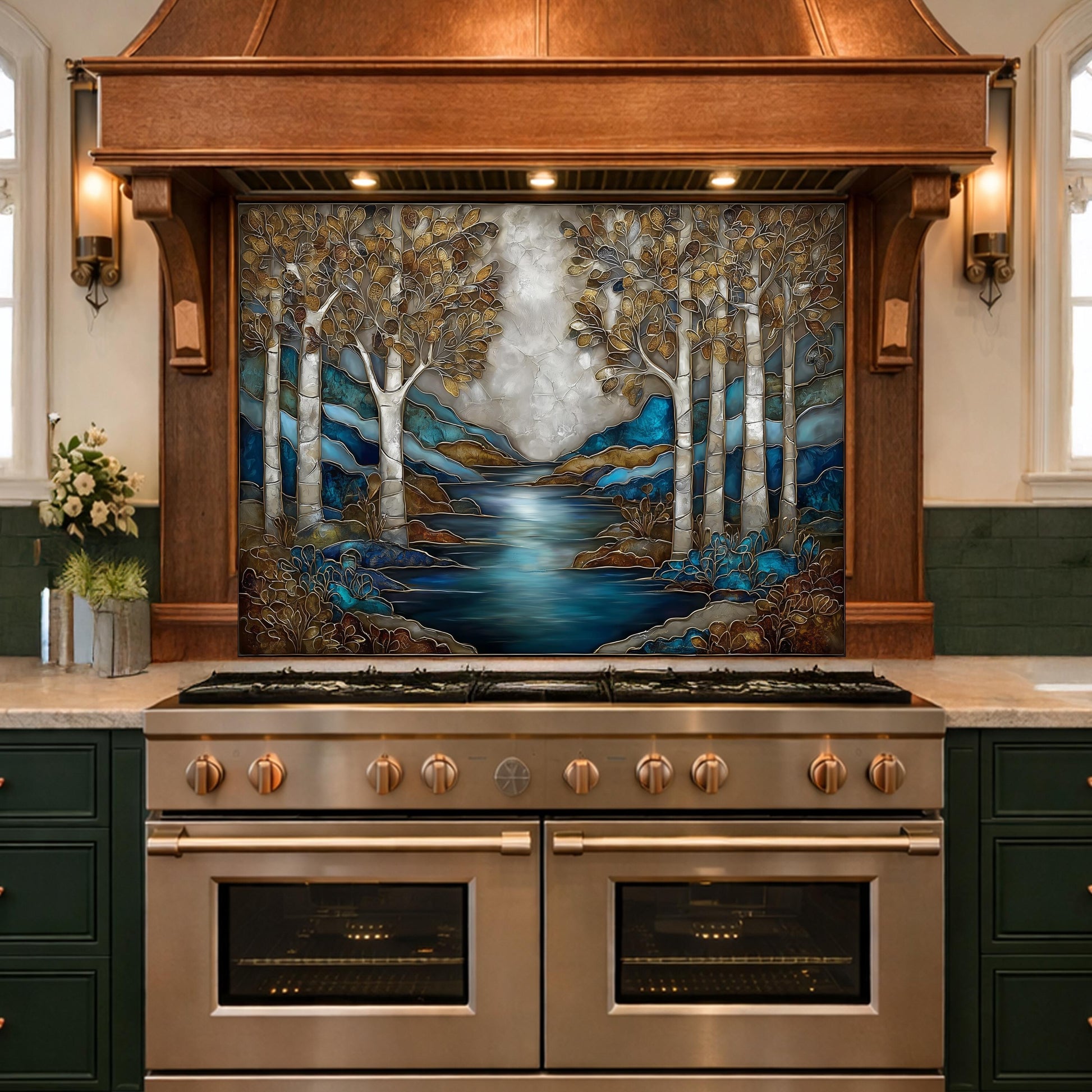 Teal Gold Forest Lake Backsplash Stained Glass Landscape Wall Art Tempered Glass Panel