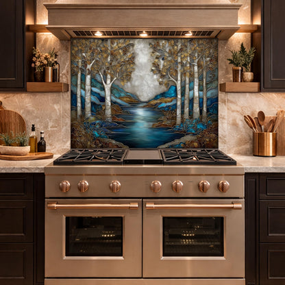 Teal Gold Forest Lake Backsplash Stained Glass Landscape Wall Art Tempered Glass Panel