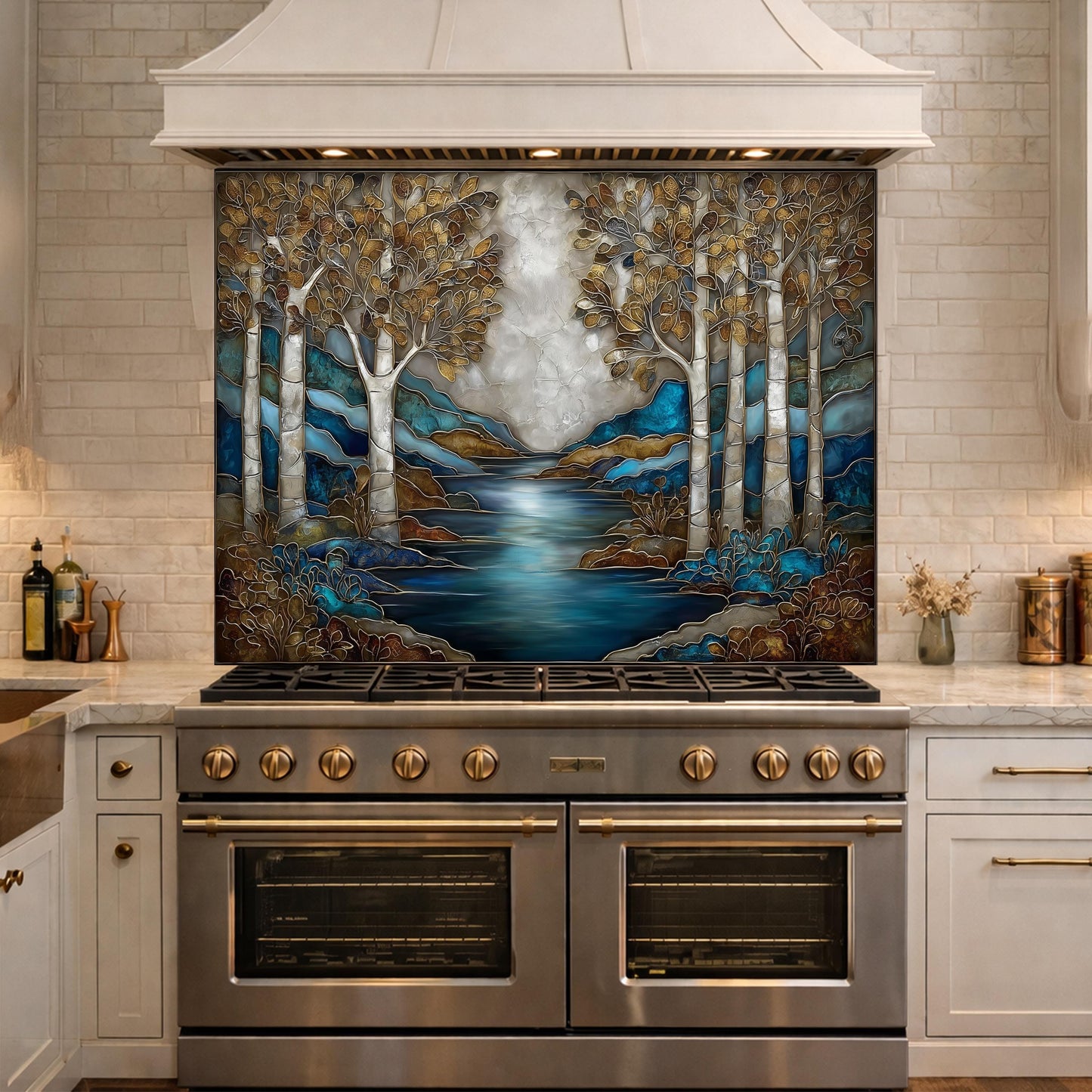 Teal Gold Forest Lake Backsplash Stained Glass Landscape Wall Art Tempered Glass Panel