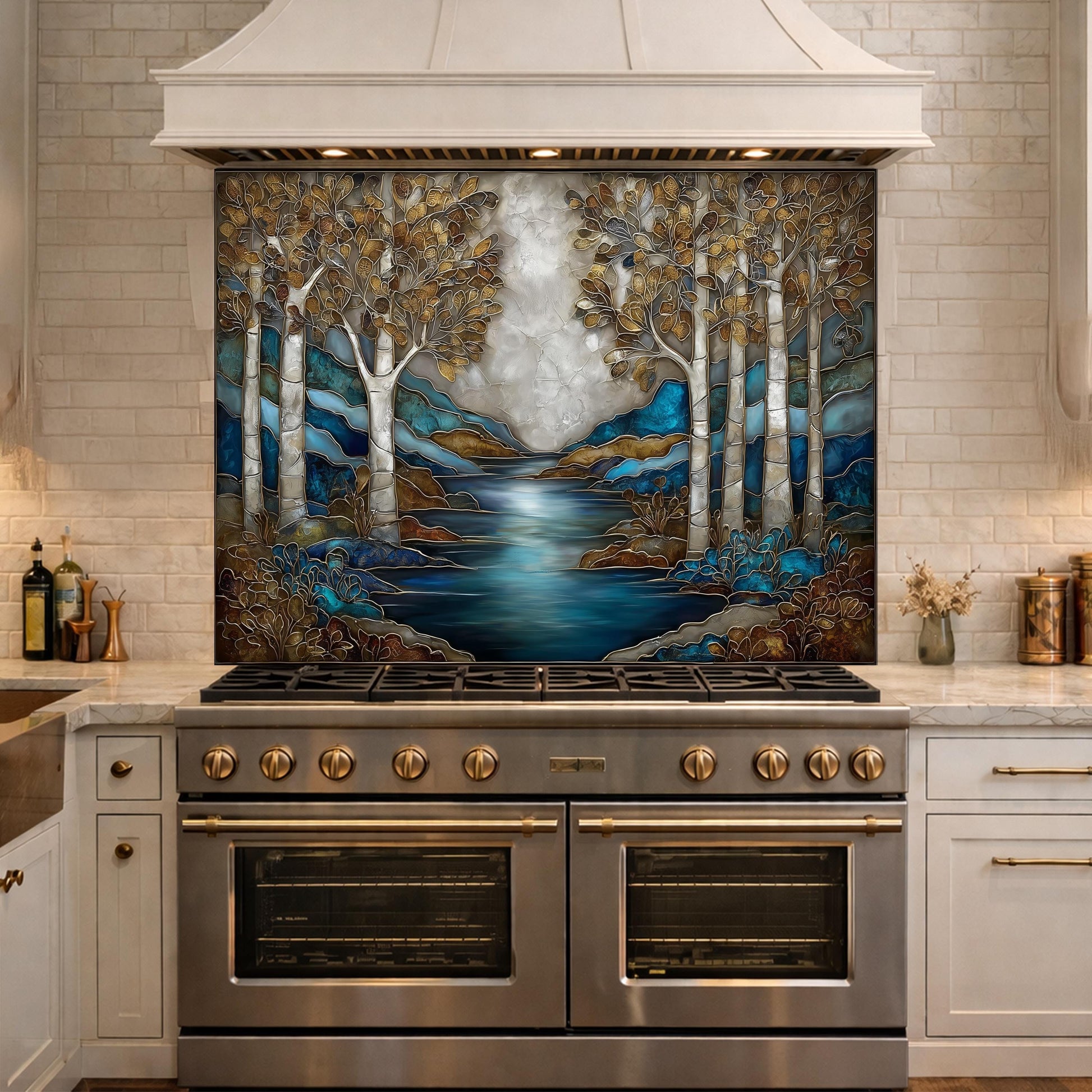 Teal Gold Forest Lake Backsplash Stained Glass Landscape Wall Art Tempered Glass Panel