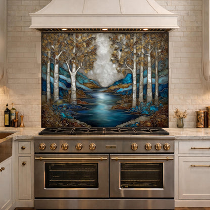 Teal Gold Forest Lake Backsplash Stained Glass Landscape Wall Art Tempered Glass Panel
