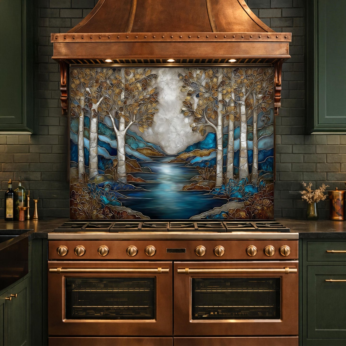 Teal Gold Forest Lake Backsplash Stained Glass Landscape Wall Art Tempered Glass Panel