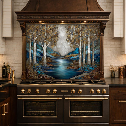 Teal Gold Forest Lake Backsplash Stained Glass Landscape Wall Art Tempered Glass Panel
