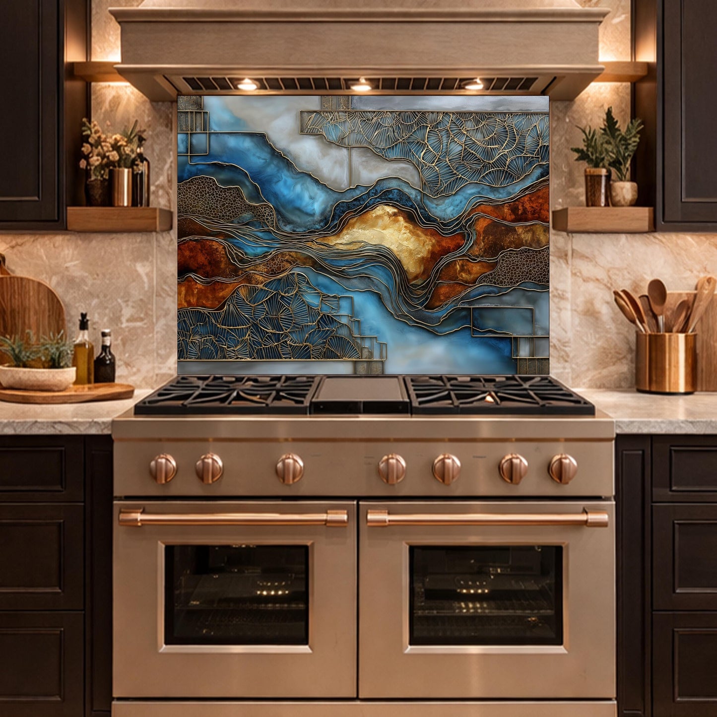 Blue Gold Abstract Marble Backsplash Luxury Geode Wall Art Tempered Glass Kitchen Panel