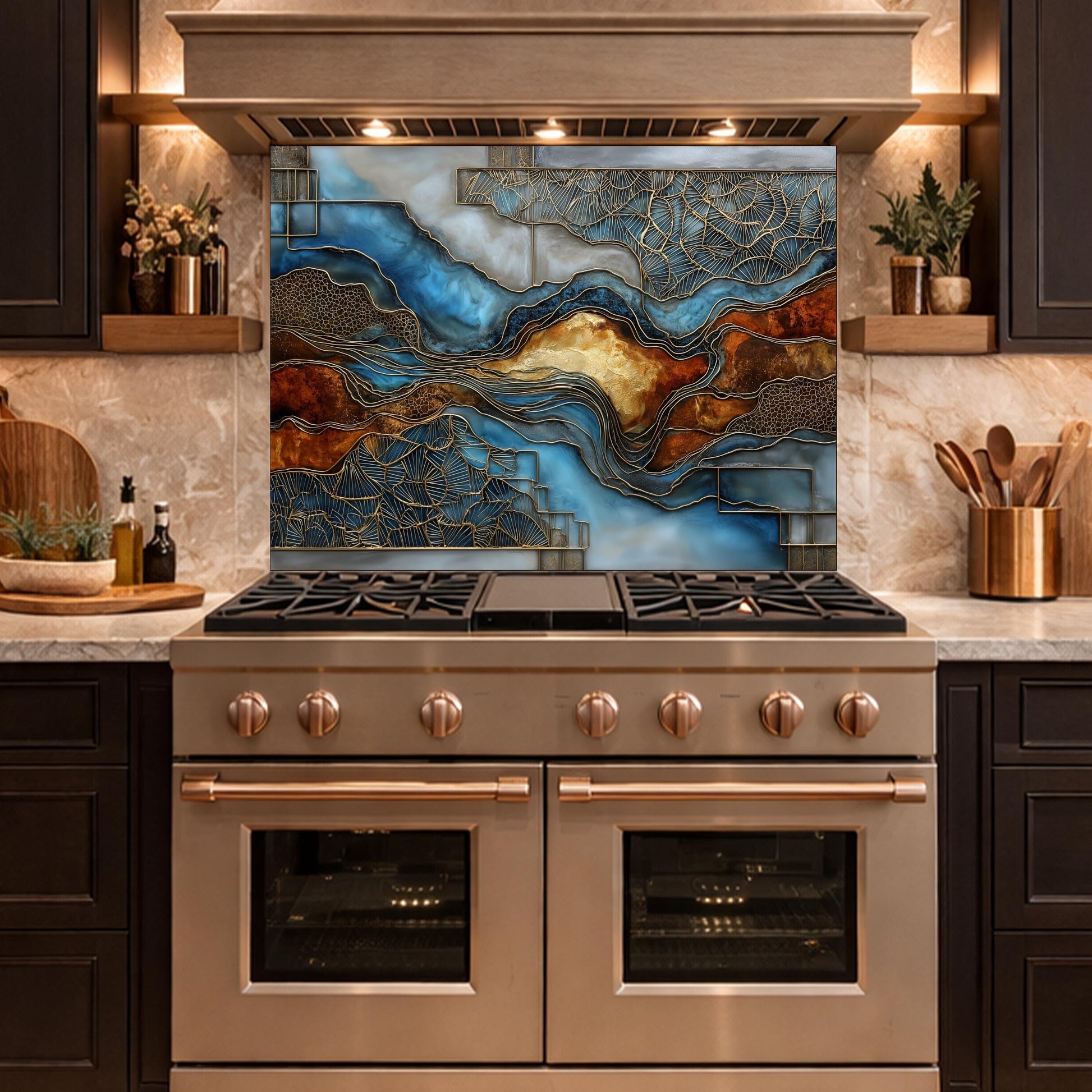 Blue Gold Abstract Marble Backsplash Luxury Geode Wall Art Tempered Glass Kitchen Panel