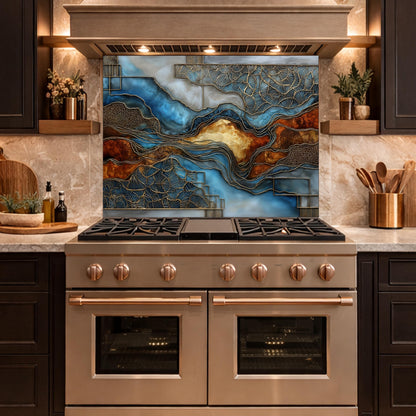 Blue Gold Abstract Marble Backsplash Luxury Geode Wall Art Tempered Glass Kitchen Panel