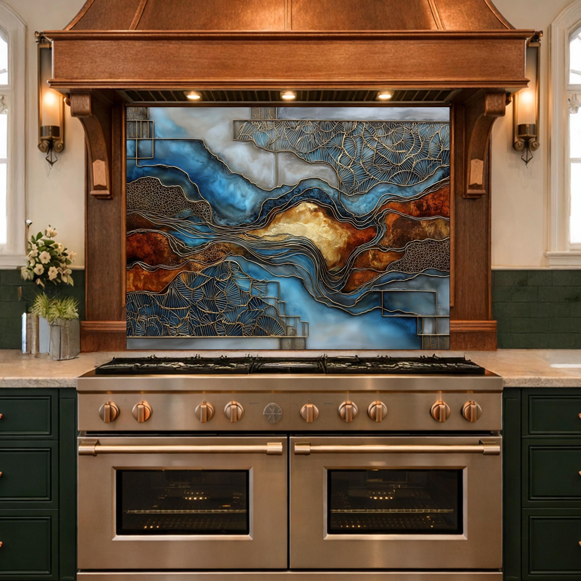 Blue Gold Abstract Marble Backsplash Luxury Geode Wall Art Tempered Glass Kitchen Panel