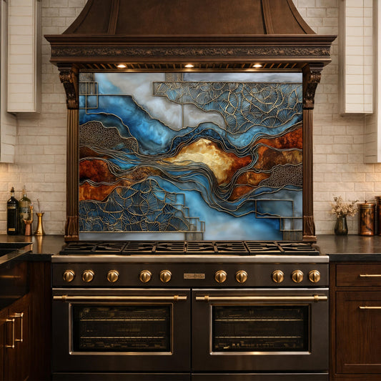 Blue Gold Abstract Marble Backsplash Luxury Geode Wall Art Tempered Glass Kitchen Panel