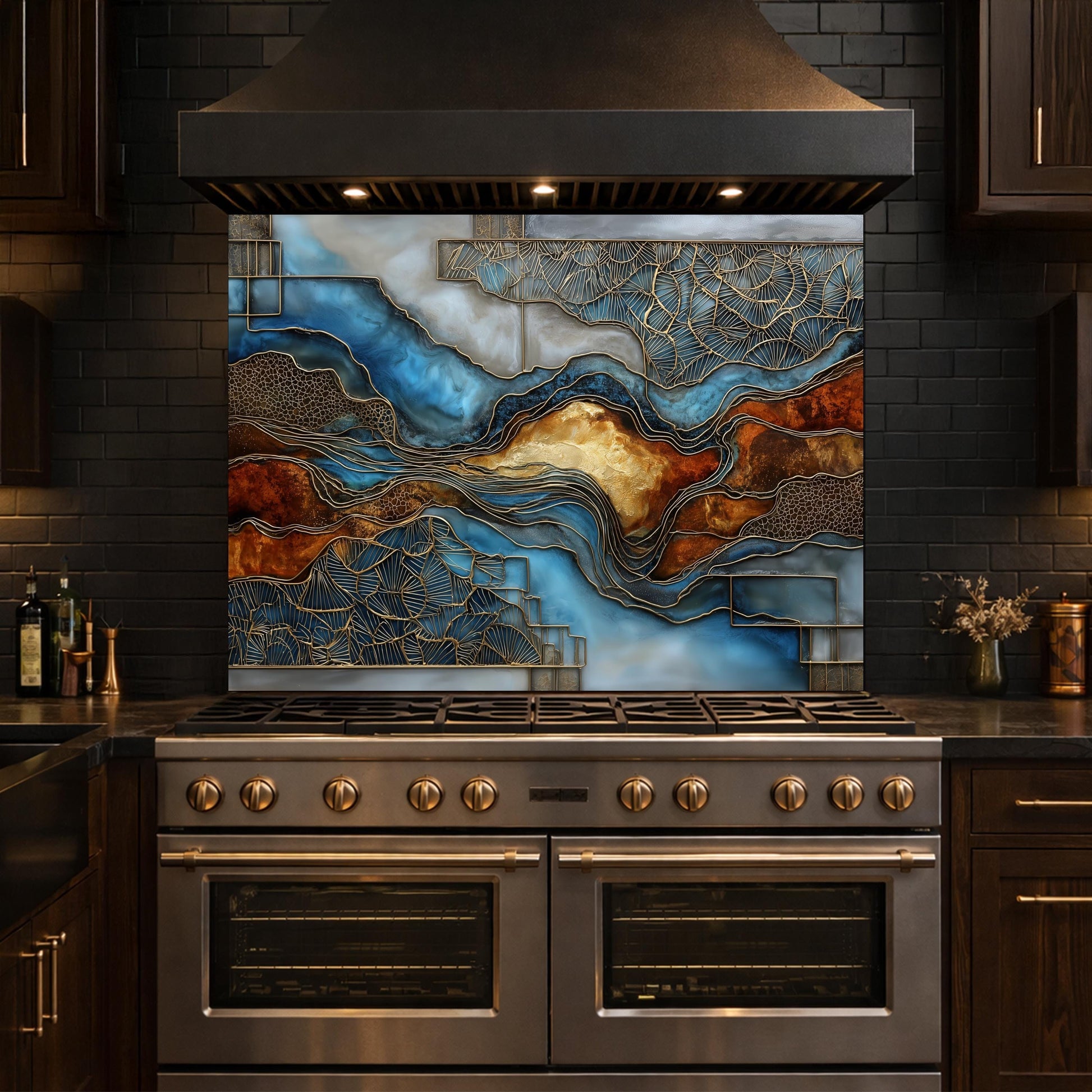 Blue Gold Abstract Marble Backsplash Luxury Geode Wall Art Tempered Glass Kitchen Panel