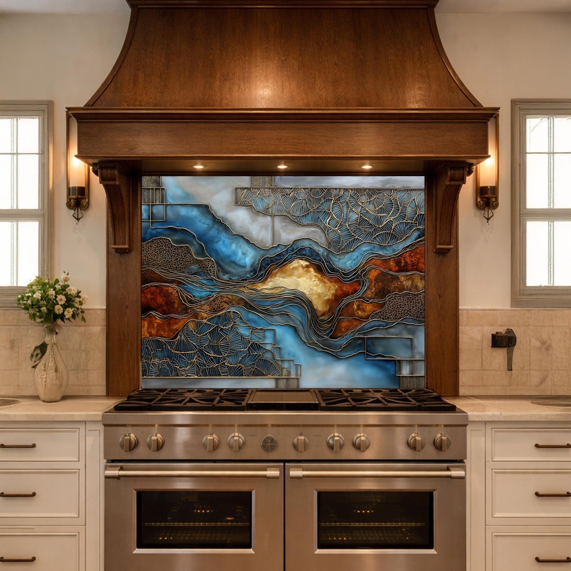 Blue Gold Abstract Marble Backsplash Luxury Geode Wall Art Tempered Glass Kitchen Panel