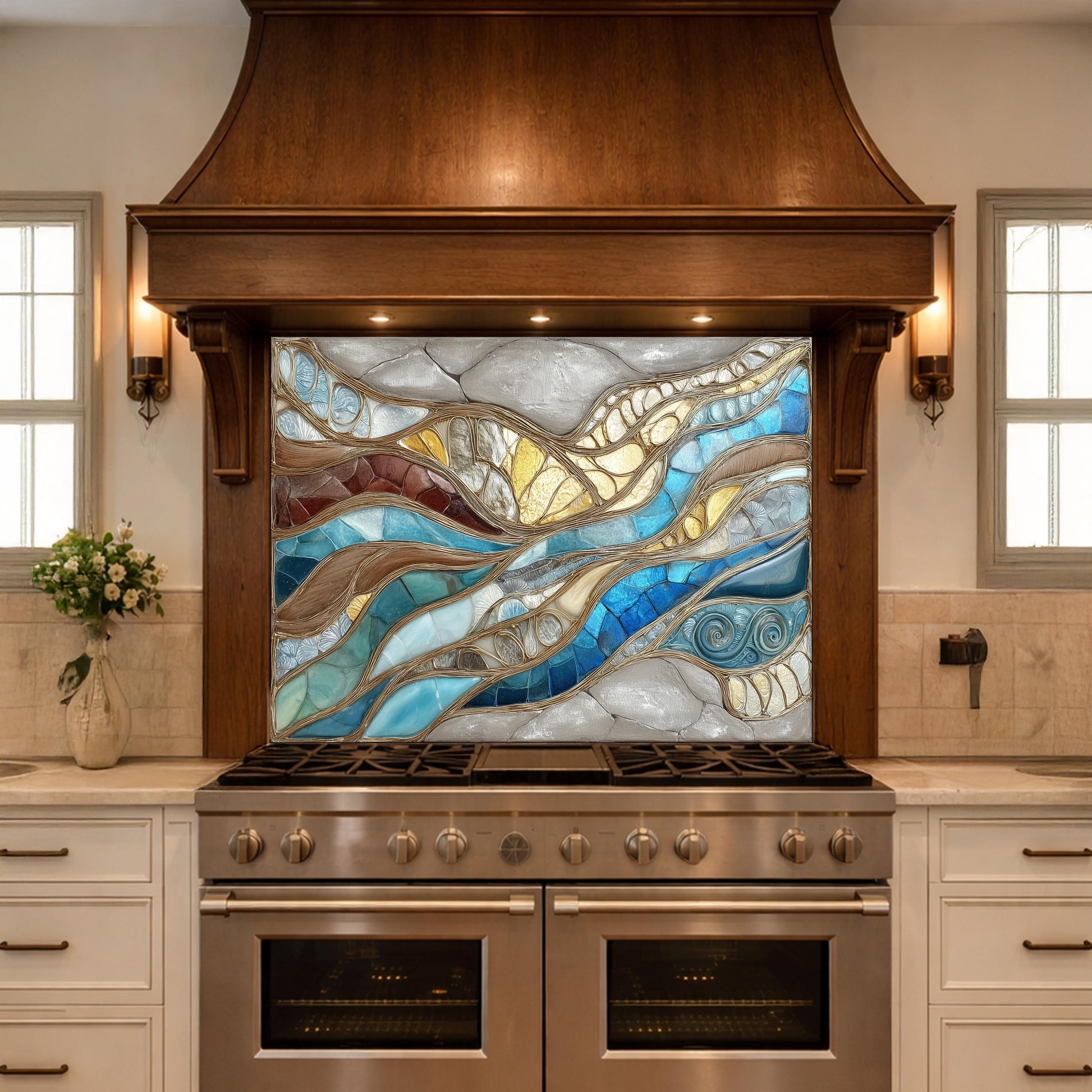 Blue Gold Abstract Mosaic Backsplash Organic Marble Glass Kitchen Wall Panel