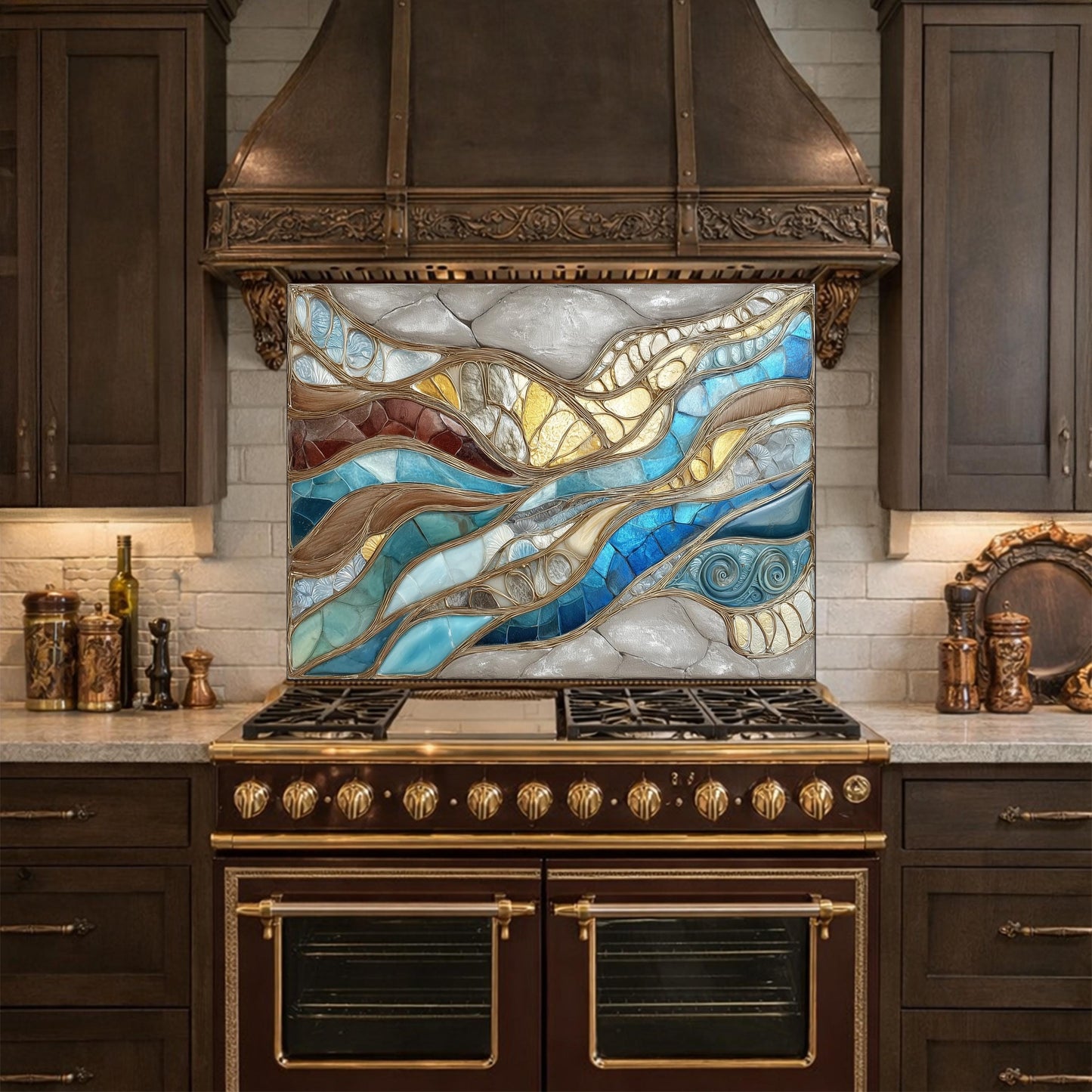 Blue Gold Abstract Mosaic Backsplash Organic Marble Glass Kitchen Wall Panel