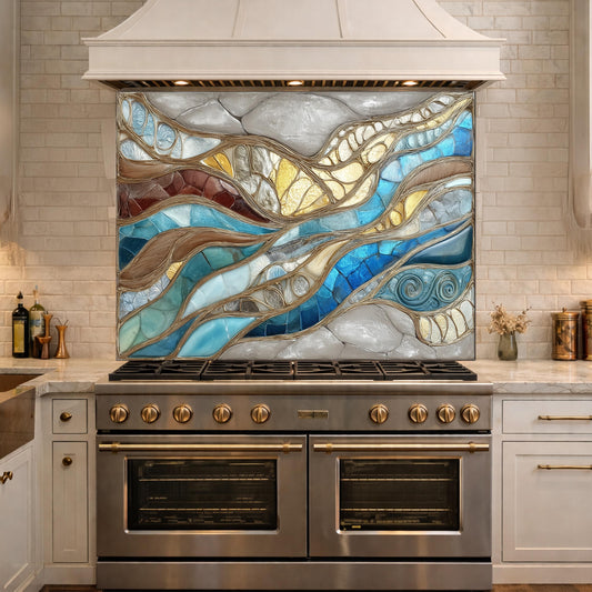 Blue Gold Abstract Mosaic Backsplash Organic Marble Glass Kitchen Wall Panel