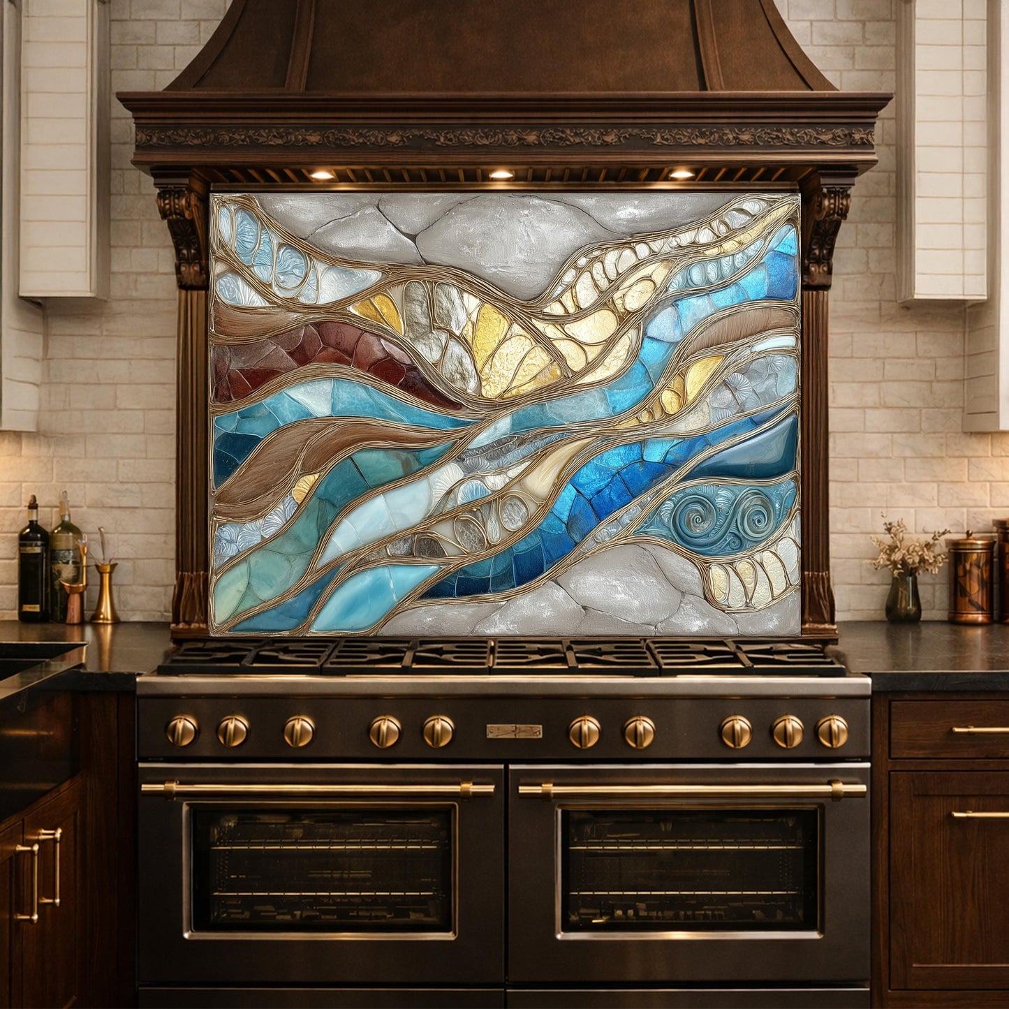 Blue Gold Abstract Mosaic Backsplash Organic Marble Glass Kitchen Wall Panel