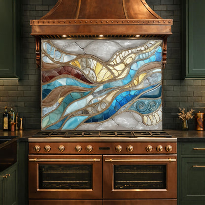 Blue Gold Abstract Mosaic Backsplash Organic Marble Glass Kitchen Wall Panel