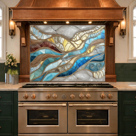 Blue Gold Abstract Mosaic Backsplash Organic Marble Glass Kitchen Wall Panel
