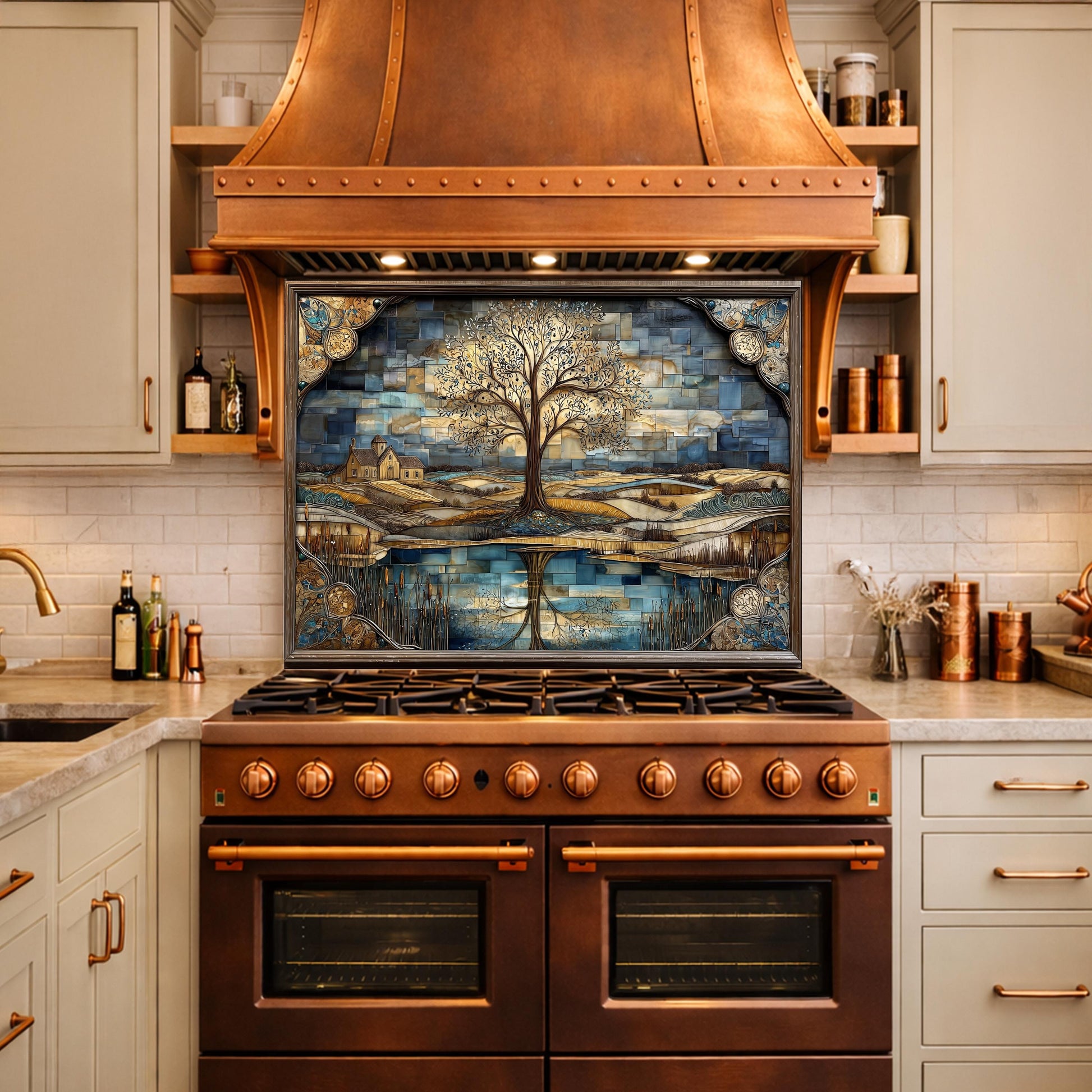 Tree of Life Glass Backsplash Mosaic Landscape Blue Gold Kitchen Wall Art