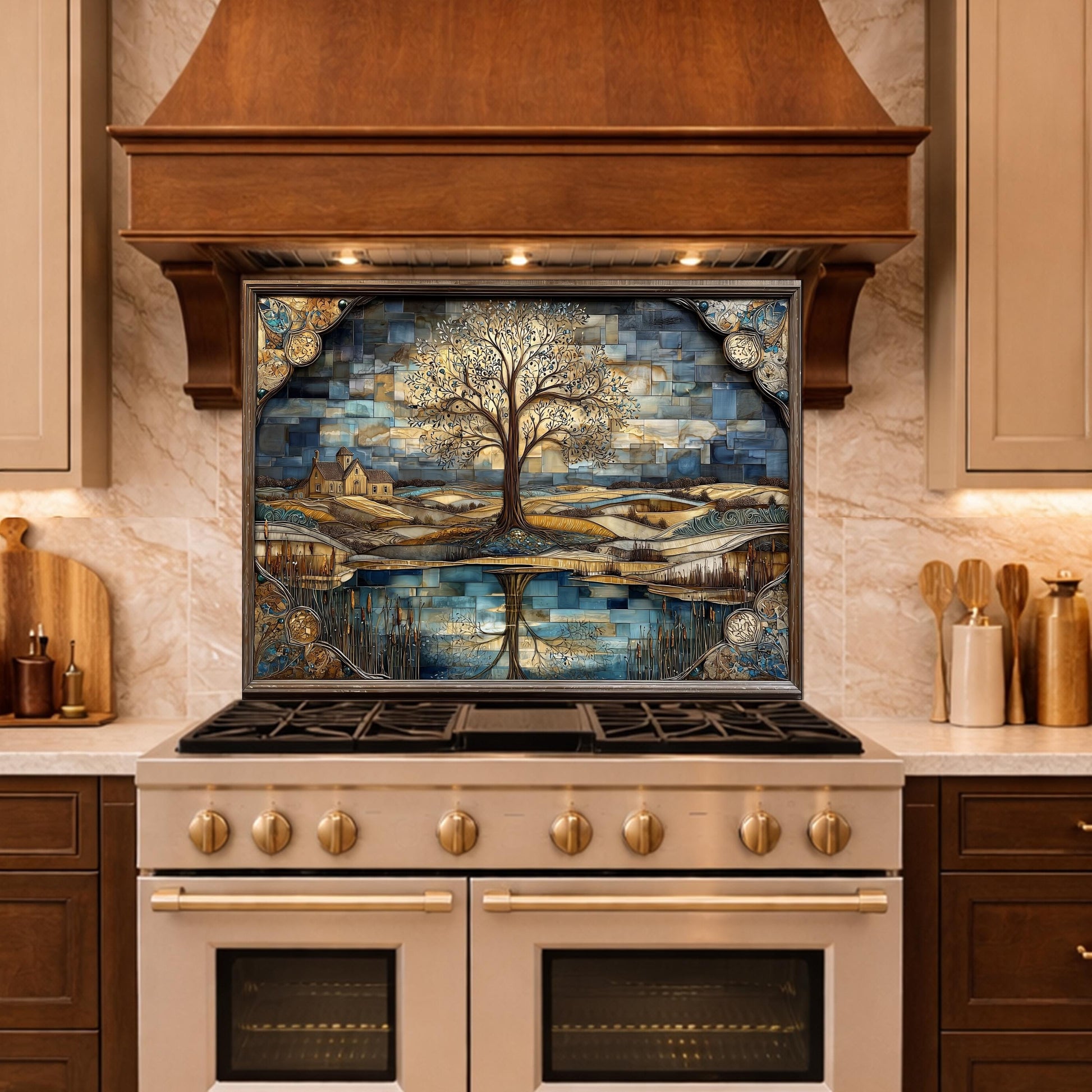 Tree of Life Glass Backsplash Mosaic Landscape Blue Gold Kitchen Wall Art