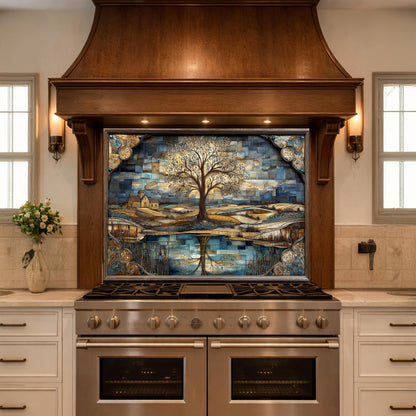 Tree of Life Glass Backsplash Mosaic Landscape Blue Gold Kitchen Wall Art