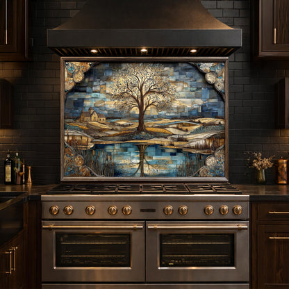 Tree of Life Glass Backsplash Mosaic Landscape Blue Gold Kitchen Wall Art