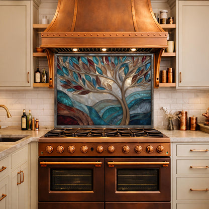 Tree of Life Glass Backsplash Teal Copper Abstract Kitchen Wall Decor