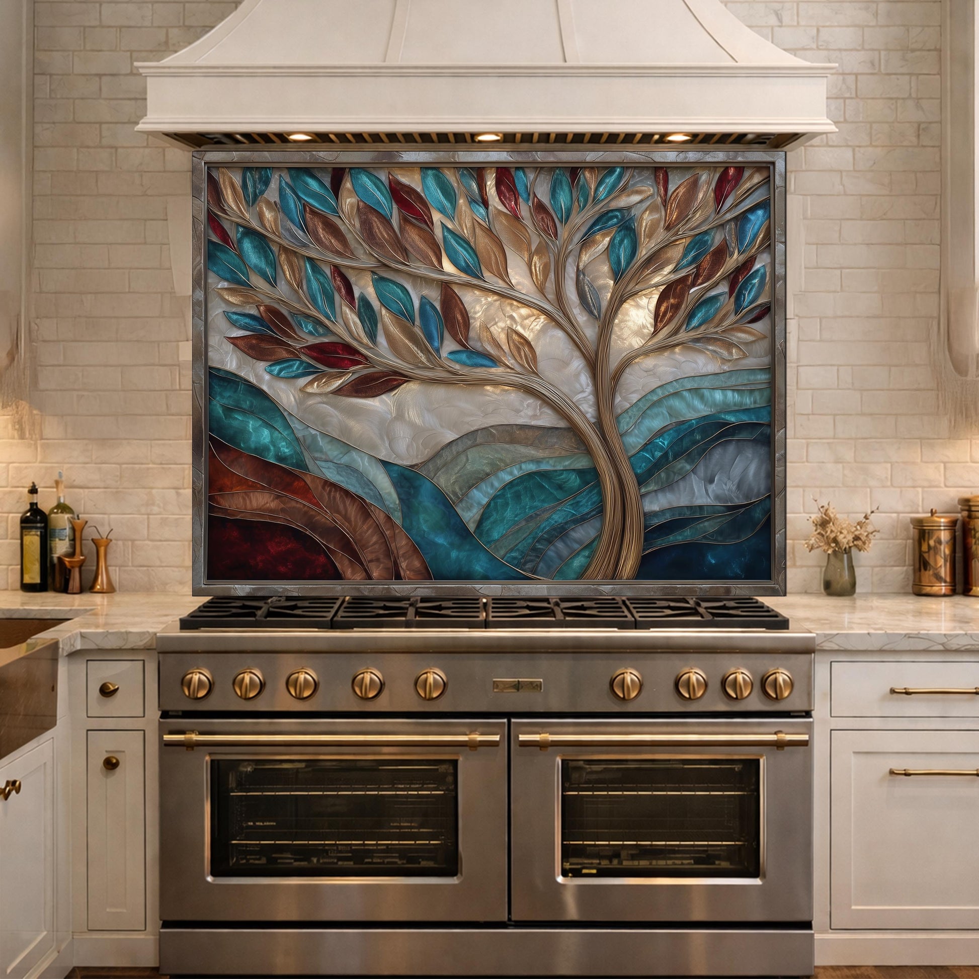 Tree of Life Glass Backsplash Teal Copper Abstract Kitchen Wall Decor