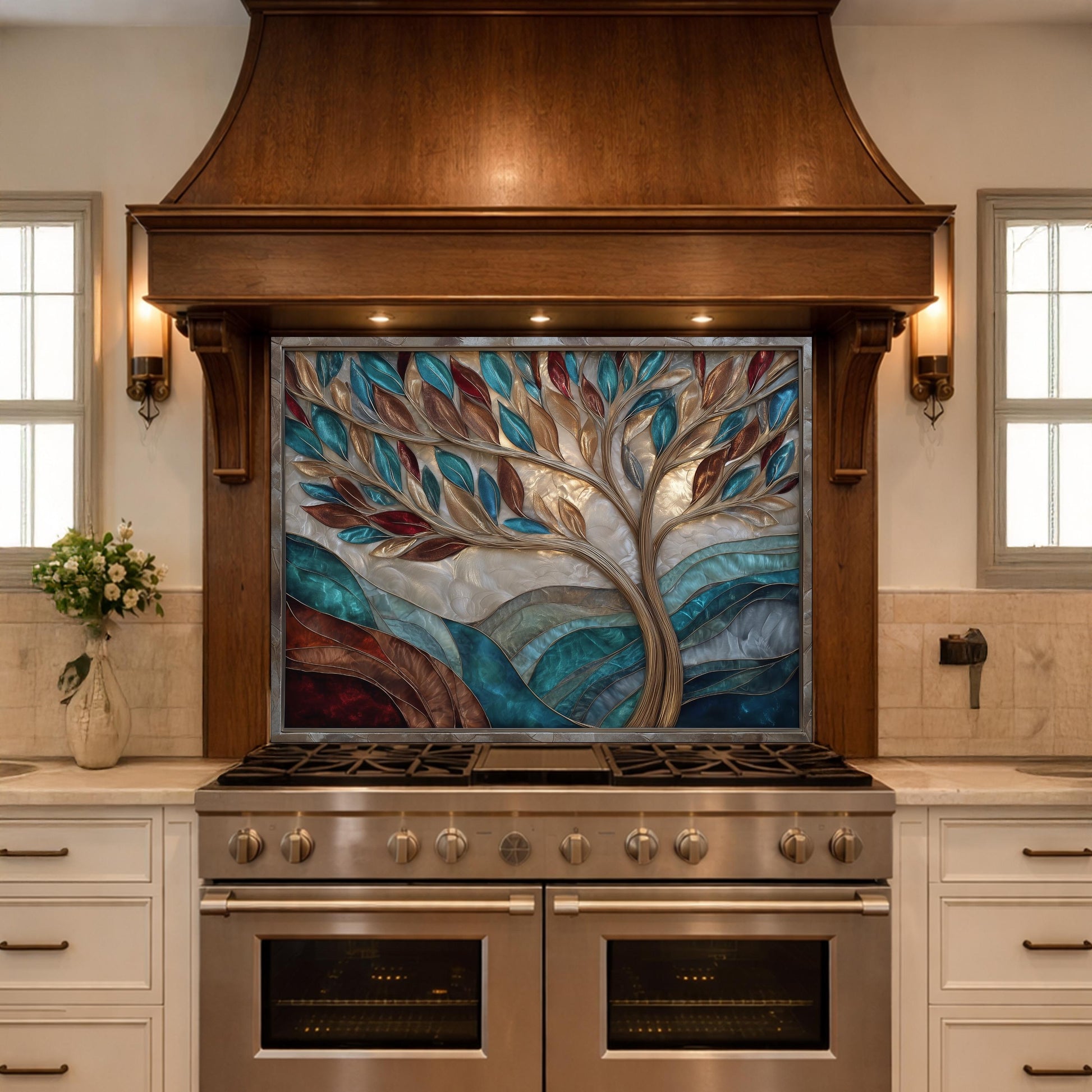 Tree of Life Glass Backsplash Teal Copper Abstract Kitchen Wall Decor