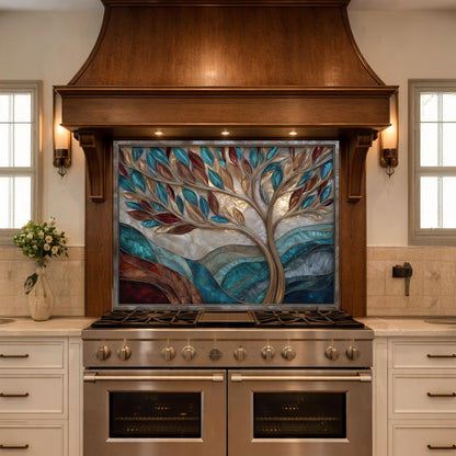 Tree of Life Glass Backsplash Teal Copper Abstract Kitchen Wall Decor