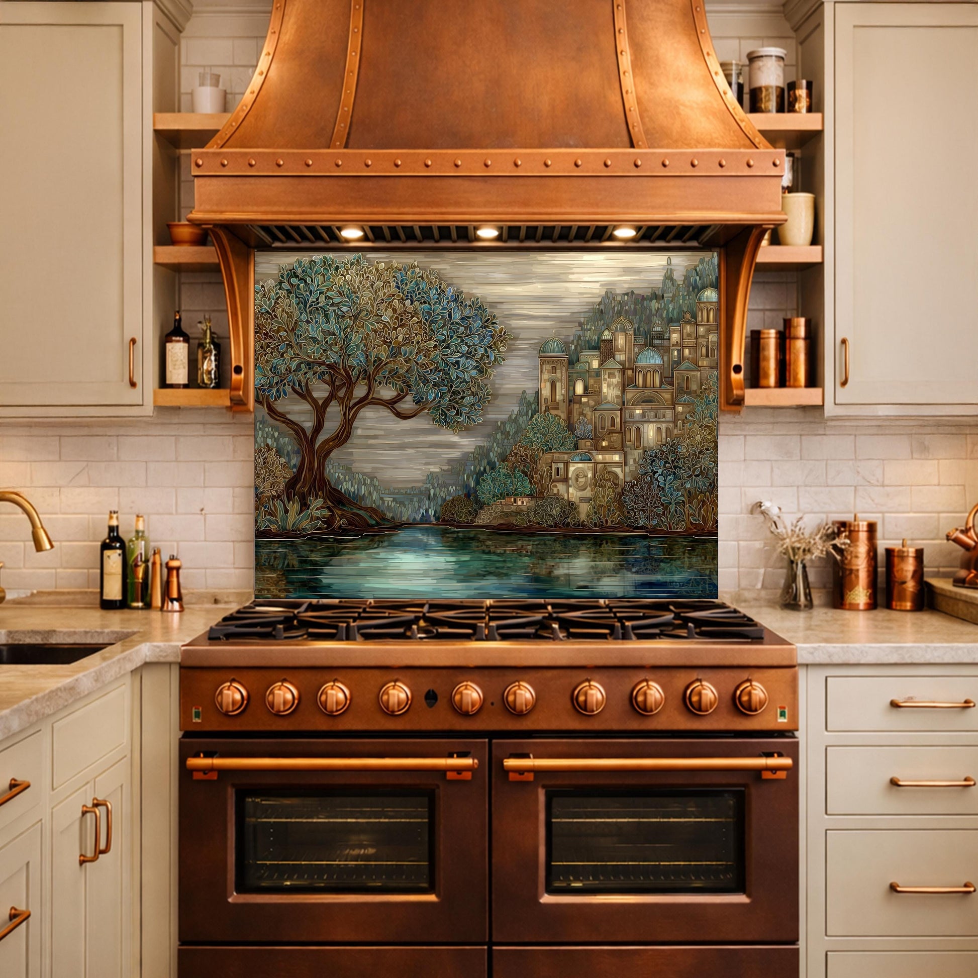 Tree Landscape Glass Backsplash European City Blue Gold Kitchen Wall Art