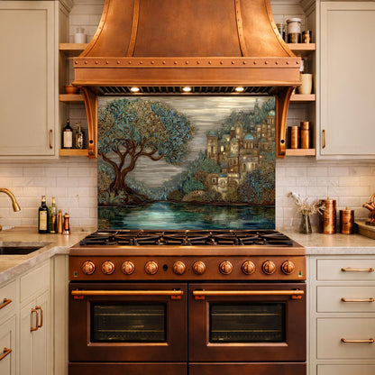 Tree Landscape Glass Backsplash European City Blue Gold Kitchen Wall Art