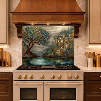 Tree Landscape Glass Backsplash European City Blue Gold Kitchen Wall Art