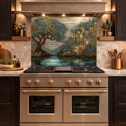 Tree Landscape Glass Backsplash European City Blue Gold Kitchen Wall Art