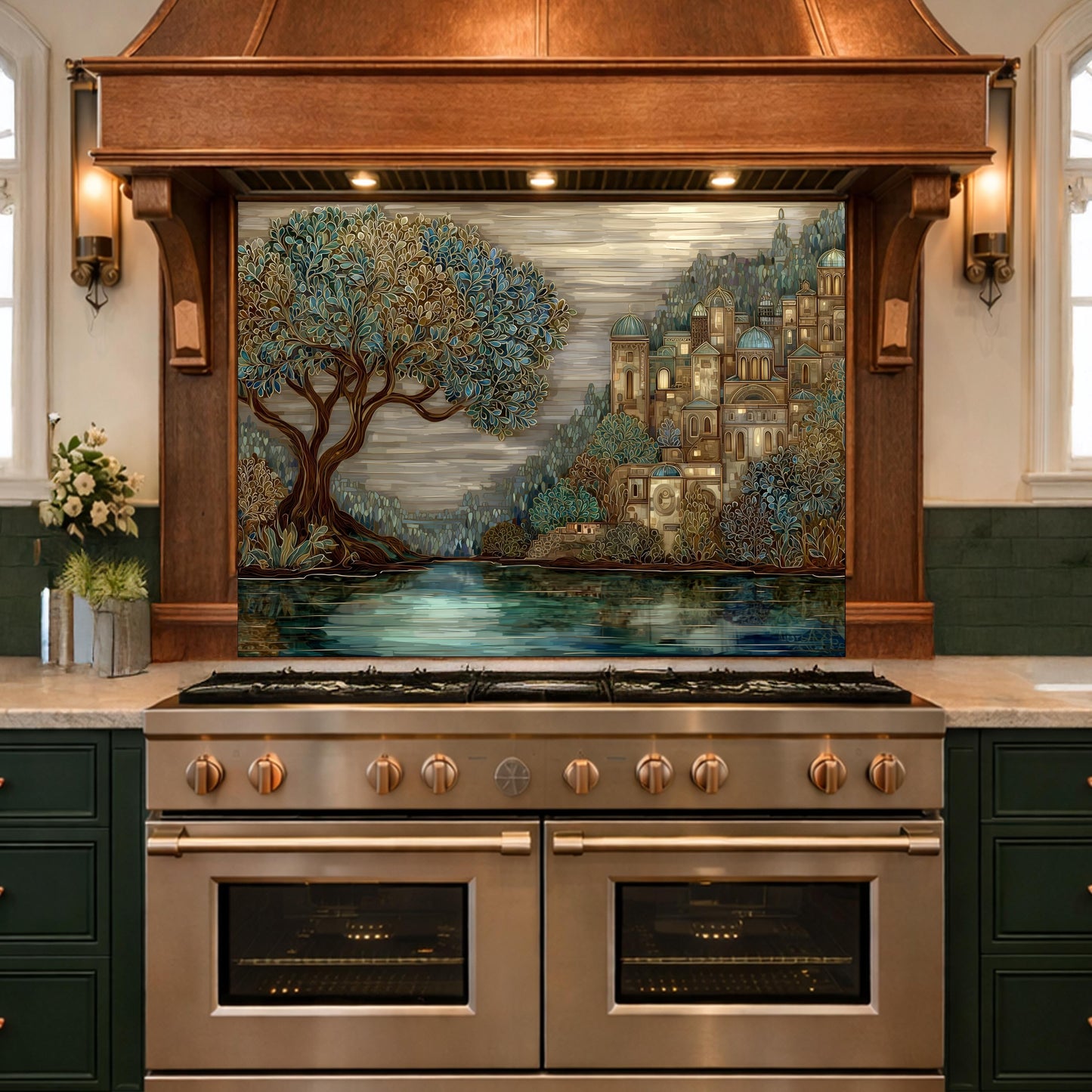 Tree Landscape Glass Backsplash European City Blue Gold Kitchen Wall Art