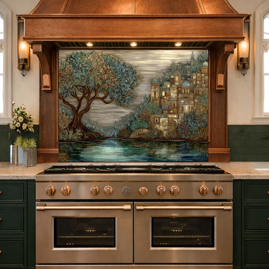 Tree Landscape Glass Backsplash European City Blue Gold Kitchen Wall Art