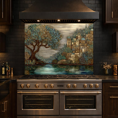 Tree Landscape Glass Backsplash European City Blue Gold Kitchen Wall Art
