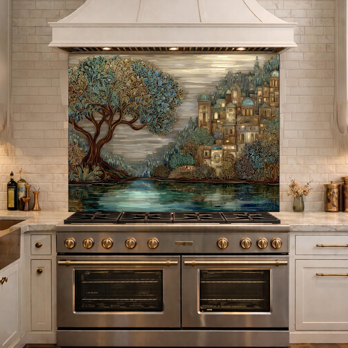 Abstract Woman Face Glass Backsplash Teal Gold Artistic Kitchen Wall Decor