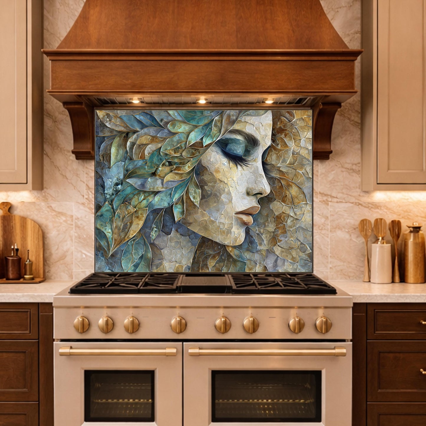Abstract Woman Face Glass Backsplash Teal Gold Artistic Kitchen Wall Decor
