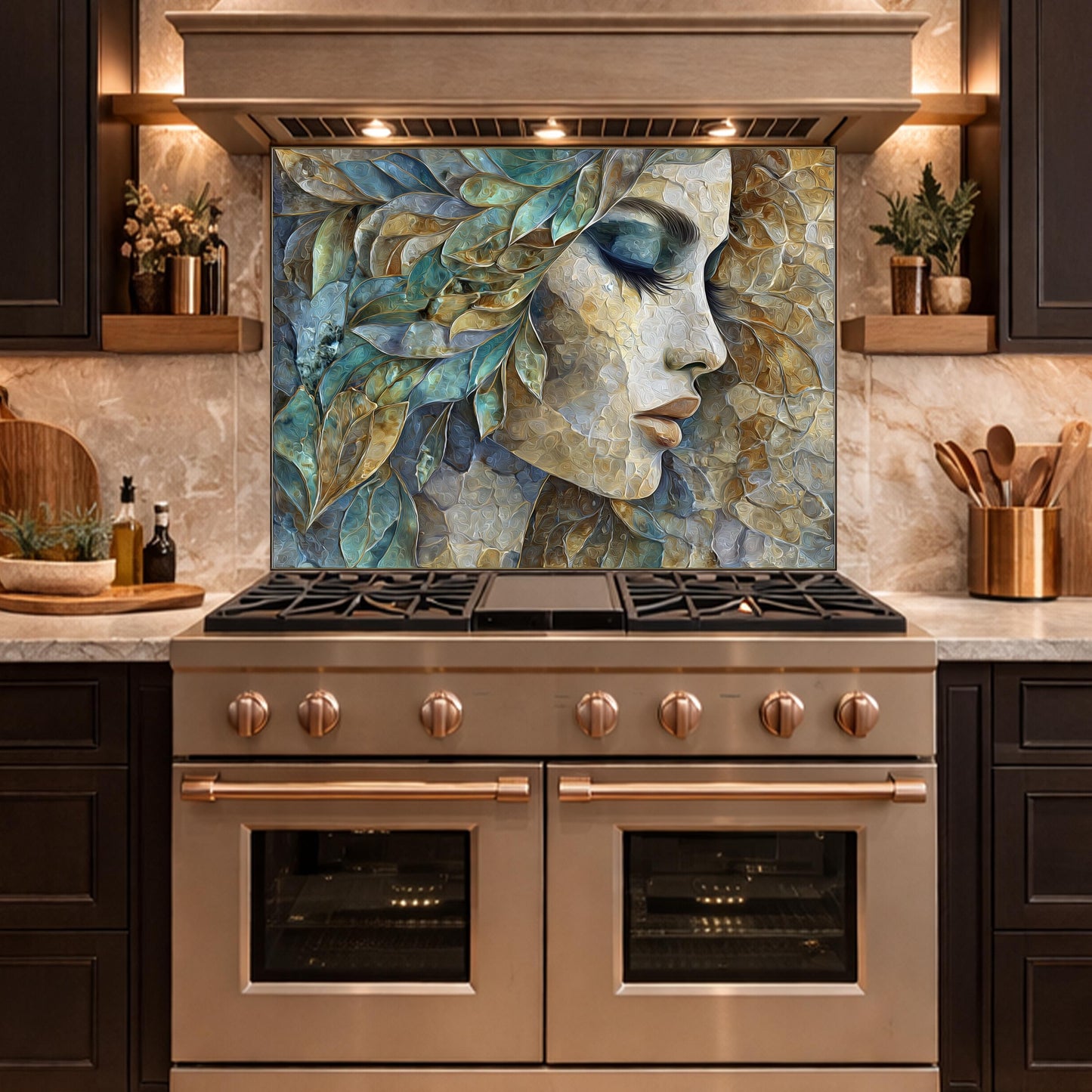Abstract Woman Face Glass Backsplash Teal Gold Artistic Kitchen Wall Decor