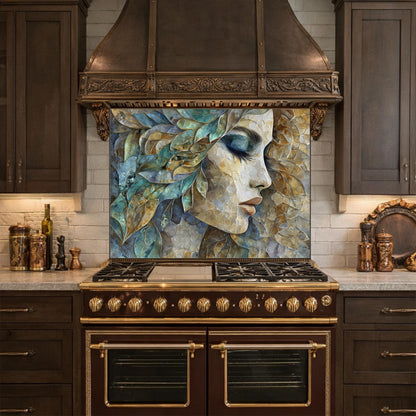 Abstract Woman Face Glass Backsplash Teal Gold Artistic Kitchen Wall Decor