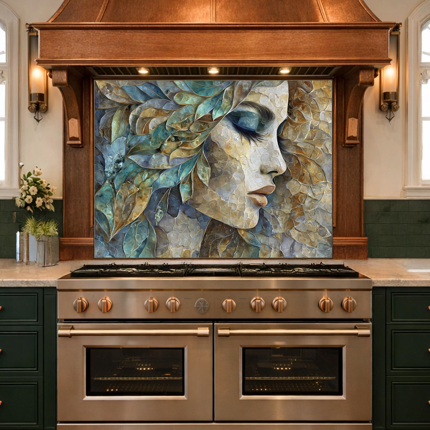 Abstract Woman Face Glass Backsplash Teal Gold Artistic Kitchen Wall Decor