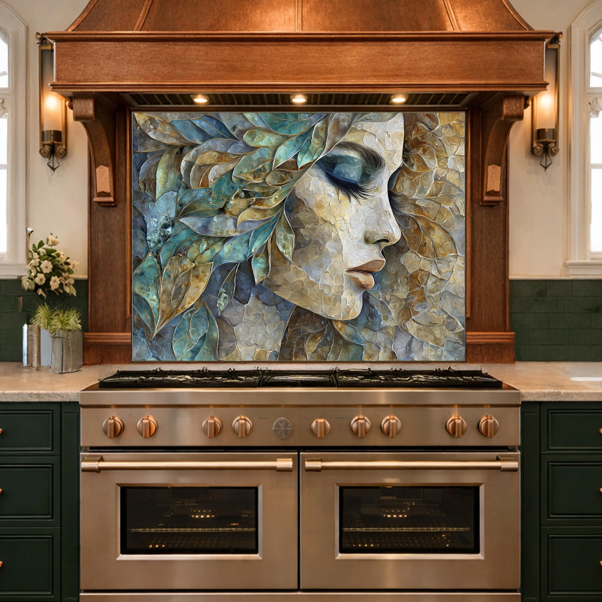 Abstract Woman Face Glass Backsplash Teal Gold Artistic Kitchen Wall Decor