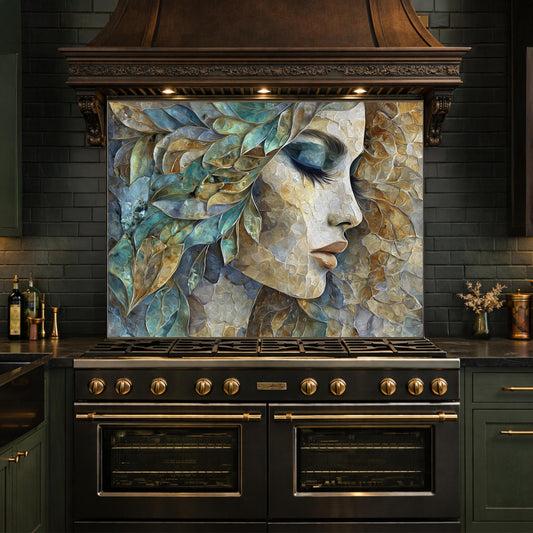 Abstract Woman Face Glass Backsplash Teal Gold Artistic Kitchen Wall Decor