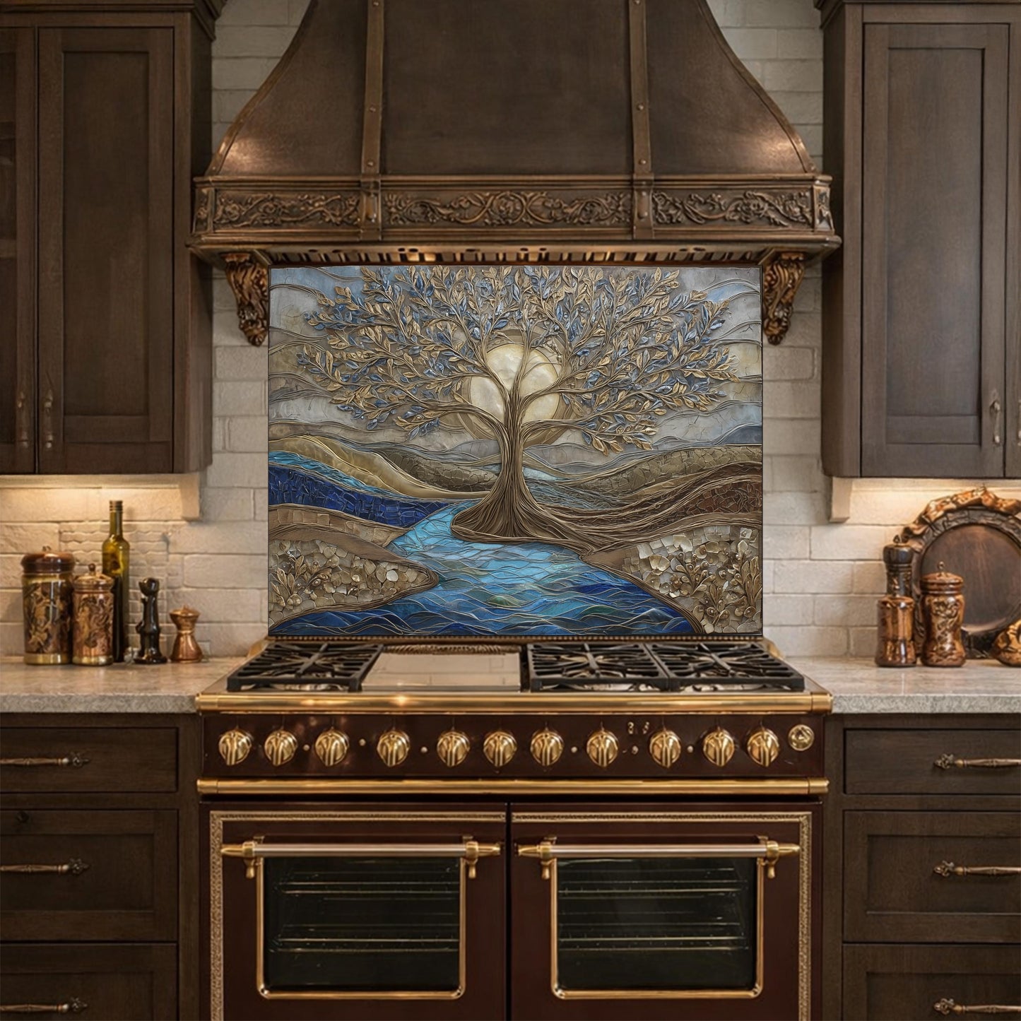 Tree of Life Glass Backsplash, Gold Blue Textured Look Kitchen Wall Art Panel