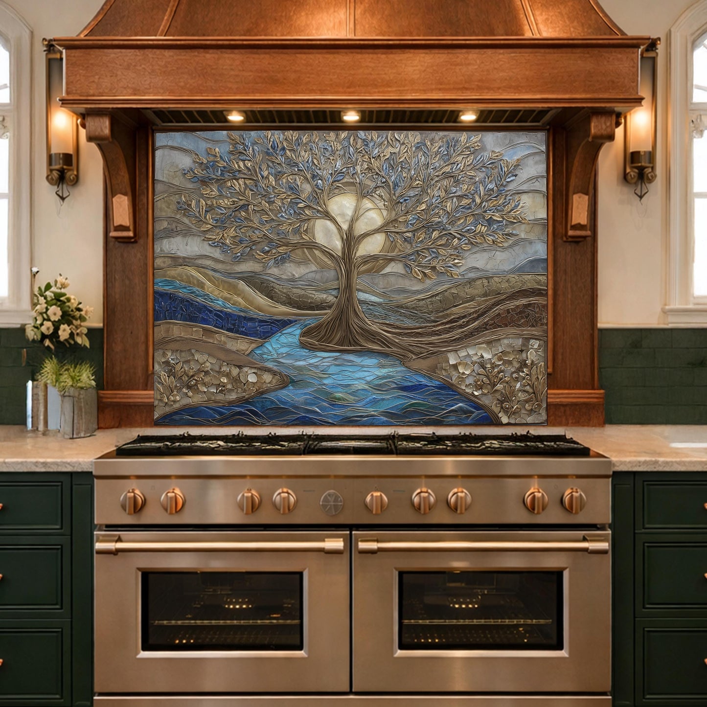 Tree of Life Glass Backsplash, Gold Blue Textured Look Kitchen Wall Art Panel