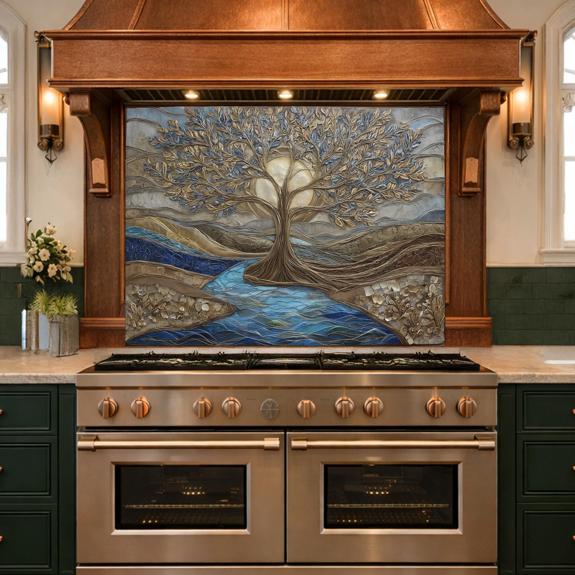 Tree of Life Glass Backsplash, Gold Blue Textured Look Kitchen Wall Art Panel