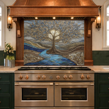 Tree of Life Glass Backsplash, Gold Blue Textured Look Kitchen Wall Art Panel