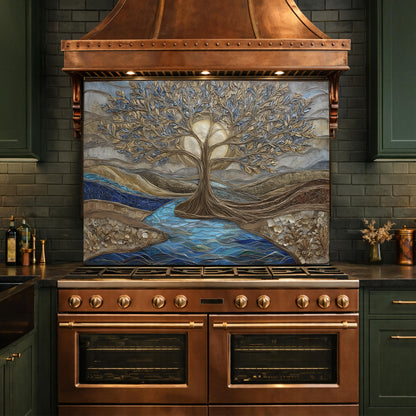 Tree of Life Glass Backsplash, Gold Blue Textured Look Kitchen Wall Art Panel