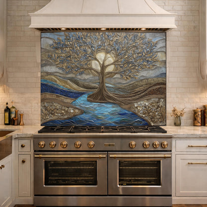 Tree of Life Glass Backsplash, Gold Blue Textured Look Kitchen Wall Art Panel