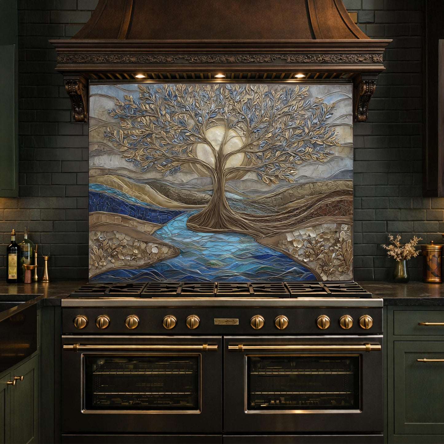 Tree of Life Glass Backsplash, Gold Blue Textured Look Kitchen Wall Art Panel