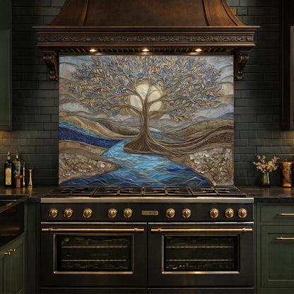 Tree of Life Glass Backsplash, Gold Blue Textured Look Kitchen Wall Art Panel